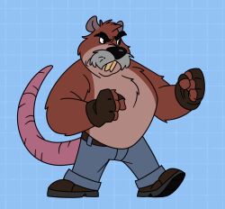  2024 anthro biped bottomwear brok_the_investigator brown_body brown_fur clothing cowcat_games cricetid dadotronic facial_hair fur hi_res male mammal mature_male moustache muskrat pants rodent solo tramp_(brok_the_investigator) 