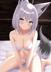  absurdres ahoge animal_ears aqua_eyes blush braid breasts collarbone crossed_bangs female fox_ears fox_girl fox_tail frills highres hololive lingerie looking_at_viewer medium_breasts miwataru navel panties pentagram shiny_skin shirakami_fubuki single_braid sitting smile solo tail underwear virtual_youtuber wariza white_hair 