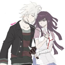  1boy apron black_hair black_shirt collar collared_shirt cowboy_shot danganronpa_(series) danganronpa_another_episode:_ultra_despair_girls female grey_background grey_hair highres holding holding_knife jacket knife komaeda_nagito leash long_hair long_sleeves messy_hair metal_collar open_clothes open_jacket pink_shirt pleated_skirt red_shirt servant_(danganronpa) shiriusu_c shirt short_sleeves simple_background skirt striped_clothes striped_shirt tsumiki_mikan two-tone_shirt white_apron white_shirt 