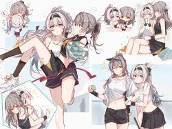  2girls alternate_costume alternate_hairstyle ball black_shorts black_socks carrying chibi cross-laced_footwear firefly_(honkai:_star_rail) grey_hair hair_between_eyes highres holding holding_ball holding_pom_poms honkai:_star_rail honkai_(series) kneehighs long_hair looking_at_another multicolored_eyes multiple_girls multiple_views navel one_eye_closed parted_lips pom_pom_(cheerleading) ponytail princess_carry shirt shoes short_sleeves shorts simple_background socks stelle_(honkai:_star_rail) tennis_ball trailblazer_(honkai:_star_rail) white_background white_footwear white_shirt yajuu 