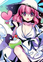  +_+ alternate_costume breasts cleavage commentary_request cup dress female hat heart kujou_mikuru large_breasts one-hour_drawing_challenge open_mouth pink_eyes pink_hair saigyouji_yuyuko saigyouji_yuyuko_(seamless_swimsuit_ghost) short_hair solo touhou touhou_lostword white_dress white_hat 