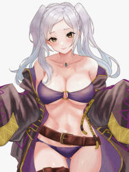  ass_visible_through_thighs bare_shoulders belt bikini breasts brown_eyes cleavage collarbone female fire_emblem fire_emblem_awakening fire_emblem_heroes gloves grey_hair highres jewelry large_breasts long_hair long_sleeves looking_at_viewer navel necklace o-ring o-ring_bikini o-ring_top off_shoulder official_alternate_costume purple_bikini robe robin_(female)_(fire_emblem) robin_(female)_(summer)_(fire_emblem) robin_(fire_emblem) simple_background smile solo swimsuit twintails underboob white_background zqzbq 