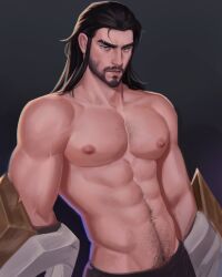  1boy abs absurdres bara bare_pectorals beard black_hair cowboy_shot facial_hair full_beard gaditaahart highres large_pectorals league_of_legends long_hair looking_at_viewer mature_male muscular muscular_male navel nipples pectorals smile solo sparse_chest_hair sylas_(league_of_legends) thick_eyebrows thick_navel_hair 