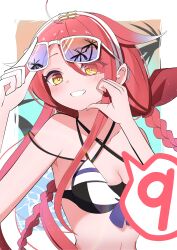  absurdres adapted_costume bikini black_bikini braid breasts cleavage eyewear_on_head female grin hair_flaps hairband highres kantai_collection kawakaze_(kancolle) kawakaze_kai_ni_(kancolle) long_hair medium_breasts red_hair sameyan smile solo sunglasses swimsuit twin_braids upper_body white_hairband yellow_eyes 