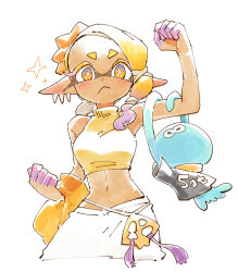  :&lt; arm_up asymmetrical_hair bare_shoulders blonde_hair blue_eyes blush breasts bright_pupils clenched_hands closed_mouth colored_eyelashes commentary_request crop_top cropped_legs dark-skinned_female dark_skin earrings female frye_(splatoon) gradient_eyes gradient_hair groin hair_ornament hanging_on_arm highres inkling jellyfish_(splatoon) jewelry long_pointy_ears looking_at_viewer midriff multicolored_eyes multicolored_hair multiple_earrings navel pants pointy_ears shawl shirt simple_background sleeveless sleeveless_turtleneck solo sparkle splatoon_(series) splatoon_3 star-shaped_pupils star_(symbol) symbol-shaped_pupils tentacle_hair turtleneck two-tone_eyes two-tone_hair white_background white_pants white_pupils x_hair_ornament yellow_eyes yellow_shawl yellow_shirt ziro_(daydozen) 