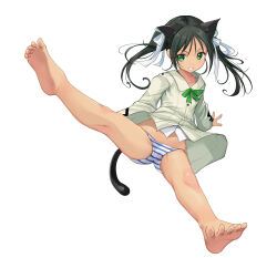  barefoot black_hair cat_girl collared_shirt commentary_request dark-skinned_female dark_skin dress_shirt female francesca_lucchini full_body green_eyes grin hair_ribbon highres long_hair military_uniform panties ribbon shirt simple_background sky smile solo strike_witches striped_clothes striped_panties twintails underwear uniform weapon weapon_request white_background white_shirt world_witches_series yashin_(yasinz) 