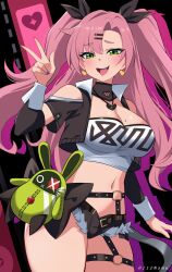  :d absurdres bare_shoulders black_jacket black_shorts blush cowboy_shot female green_eyes highres jacket long_hair long_sleeves looking_at_viewer midriff namu_(112namu) navel nicole_demara open_clothes open_jacket open_mouth pink_hair short_shorts shorts smile solo standing stomach strapless thighs tube_top two_side_up very_long_hair zenless_zone_zero 