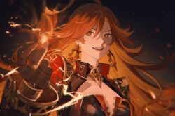  ahoge black_gloves breasts cleavage earrings female fire genshin_impact gloves highres jewelry long_hair looking_at_viewer mavuika_(genshin_impact) multicolored_hair open_mouth orange_eyes orange_hair pyrokinesis red_hair small_breasts smile solo sun-shaped_pupils sun_earrings symbol-shaped_pupils two-tone_hair upper_body very_long_hair xiisalt 