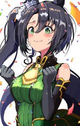  animal_ears bare_shoulders black_gloves black_hair blush breasts closed_mouth confetti ear_ornament ear_scrunchie elbow_gloves female gloves green_eyes green_sweater hair_between_eyes hair_ornament happy highres horse_ears horse_girl long_hair multicolored_hair necktie satono_crown_(umamusume) side_ponytail simple_background sleeveless sleeveless_sweater smile solo streaked_hair sweat sweater tears tsetainsu umamusume upper_body white_background white_hair yellow_necktie 