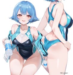  ayamo_kaoru black_one-piece_swimsuit blue_hair blue_jacket blue_one-piece_swimsuit bottle brand_name_imitation breasts female flipped_hair hands_on_own_hips highres jacket large_breasts multiple_views one-piece_swimsuit original pocari_sweat red_eyes short_hair simple_background swimsuit thigh_gap two-tone_swimsuit white_background 