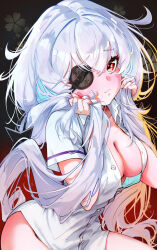  alternate_hairstyle arakan bandages black_background blush bottomless breasts buttons cleavage coin embarrassed eyepatch female floral_background gradient_background hair_down hair_intakes hanzou_academy_uniform highres holding holding_own_hair large_breasts long_hair looking_at_viewer messy_hair naked_shirt red_background red_eyes senran_kagura senran_kagura_shoujo-tachi_no_shin&#039;ei shirt solo very_long_hair white_hair white_shirt yagyu_(senran_kagura) 