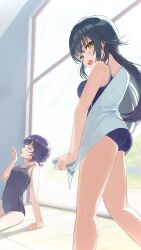  2girls arm_support black_hair blue_one-piece_swimsuit blush commentary gakuen_idolmaster green_eyes hataya_misuzu highres idolmaster looking_at_viewer looking_back mole mole_under_mouth monemasu multiple_girls one-piece_swimsuit open_mouth short_hair sitting swimsuit towel_tug tsukimura_temari yawning 