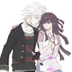  1boy apron black_hair black_shirt blood blood_on_clothes collar collared_shirt cowboy_shot danganronpa_(series) danganronpa_another_episode:_ultra_despair_girls female grey_background grey_hair highres holding holding_knife jacket knife komaeda_nagito leash long_hair long_sleeves messy_hair metal_collar open_clothes open_jacket pink_blood pink_shirt pleated_skirt red_shirt servant_(danganronpa) shiriusu_c shirt short_sleeves simple_background skirt striped_clothes striped_shirt tsumiki_mikan two-tone_shirt white_apron white_shirt 