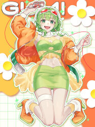  absurdres arms_up boots breasts cable character_name cleavage clothing_cutout commentary earrings female flower full_body goggles goggles_on_head green_eyes green_hair green_skirt gumi gumi_(ai_megpoid) headphones high_heel_boots high_heels highres holding holding_cable holding_microphone jacket jewelry kneeling long_sidelocks looking_at_viewer medium_breasts microphone midriff navel open_mouth orange_footwear orange_jacket orange_nails red-tinted_eyewear shirt short_hair skirt solo sparkle stomach_cutout strapless strapless_shirt symbol-only_commentary teeth thighlet tinted_eyewear tongue upper_teeth_only vocaloid yymmawo_vv2 zipper 