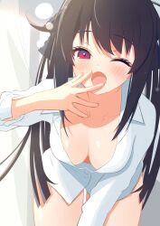  ;o absurdres ao_no_kanata_no_four_rhythm black_hair black_ribbon blunt_ends breasts cleavage collarbone collared_shirt commentary cowboy_shot curtains downblouse dress_shirt eyelashes female hair_between_eyes hair_ribbon hand_to_own_mouth hand_up hanging_breasts hashtag-only_commentary highres indoors large_breasts leaning_forward long_hair long_sleeves looking_at_viewer morning naked_shirt one_eye_closed open_mouth outstretched_hand pororo_(r_pororo) red_eyes ribbon shirt sleepy solo straight_hair tobisawa_misaki tsurime very_long_hair yawning 