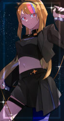  absurdres black_shirt black_skirt blue_streaks border cable crop_top cropped_jacket crown english_commentary female galaco galaco_(black) headband heart heart-shaped_pupils highres holding holding_microphone jewelry long_hair looking_to_the_side microphone midriff mini_crown multicolored_hair navel night orange_hair pink_eyes pink_streaks sakuma_pita shirt signature skirt solo sparkle star_(sky) streaked_hair symbol-shaped_pupils thighlet transparent_border very_long_hair vocaloid yellow_streaks 