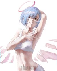  absurdres arknights arm_behind_head arm_up armpits blue_hair breasts cleavage collarbone commentary commission detached_wings energy_wings english_commentary female gandy_(gan3e46) grin hair_between_eyes halo hand_up highres looking_at_viewer medium_breasts navel pink_halo pink_wings presenting_armpit short_hair simple_background smile solo sports_bra spread_armpit spuria_(arknights) stomach teeth underboob upper_body v white_background white_sports_bra wings yellow_eyes 