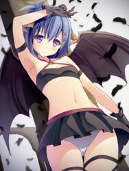  arm_on_own_head arm_strap armpits bandeau black_feathers black_gloves black_skirt black_wings blue_hair breasts commentary_request demon_girl demon_horns demon_wings feathers female flat_chest gabriel_dropout gloves hair_ornament hallelujah_essaim highres horns liya long_hair looking_at_viewer miniskirt navel panties pantyshot petite photoshop_(medium) purple_eyes short_hair skirt small_breasts smile solo strapless thigh_strap underwear vignette_tsukinose_april white_panties wings x_hair_ornament 