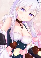  argyle_background azur_lane bad_id bad_pixiv_id belfast_(azur_lane) black_dress black_gloves blue_eyes blush breasts broken broken_chain candy chains chocolate cleavage closed_mouth collarbone commentary dress elbow_gloves female food gloves hair_between_eyes heart heart-shaped_chocolate heart_background highres kuma_no_yume looking_at_viewer maid maid_headdress medium_breasts smile solo valentine white_hair 