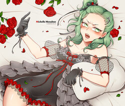  bad_id bad_pixiv_id bare_shoulders blush bra cyphers dress female flower frills gloves green_eyes green_hair hair_ornament hair_ribbon half_updo long_hair michelle_(cyphers) one_side_up open_mouth photoshop_(medium) pillow ponytail red_flower red_rose ribbon rose solo underwear yuri_(anachronic) 