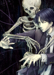  1boy absurdres ai_(ai1470) commentary_request formal highres kindaichi_shounen_no_jikenbo necktie purple_hair short_hair skeleton string suit takatoo_youichi yellow_eyes 