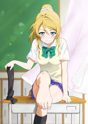  ayase_eli barefoot blonde_hair blue_eyes blue_skirt blush bow bowtie commentary curtains desk feet female foot_focus foreshortening ginmaru green_bow green_bowtie holding holding_clothes holding_legwear long_hair looking_at_viewer love_live! love_live!_school_idol_project miniskirt otonokizaka_school_uniform panties pantyshot plaid plaid_skirt pleated_skirt ponytail school_desk school_uniform scrunchie shirt short_sleeves single_sock sitting skirt smile smirk socks solo striped_bow striped_bowtie striped_clothes summer_uniform sweater_vest teasing toenails toes underwear vest white_scrunchie white_shirt 