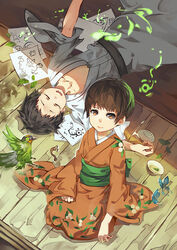  1boy bird bird_request black_hair brown_hair bug butterfly chaun commentary_request female japanese_clothes kimono mushishi paper photoshop_(medium) renzu_(mushishi) shinra_(mushishi) short_hair 