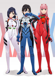  1boy 2girls akuan_(7jackpot7) ass_visible_through_thighs ayanami_rei ayanami_rei_(cosplay) bad_id bad_pixiv_id black_hair blue_bodysuit blue_eyes bodysuit breasts color_connection commentary_request contrapposto cosplay covered_nipples darling_in_the_franxx full_body green_eyes hairband height_difference highres hiro_(darling_in_the_franxx) horns ichigo_(darling_in_the_franxx) ikari_shinji ikari_shinji_(cosplay) long_hair looking_at_viewer medium_breasts multicolored_bodysuit multicolored_clothes multiple_girls neon_genesis_evangelion oni oni_horns photoshop_(medium) pilot_suit pink_hair plugsuit red_bodysuit red_horns science_fiction short_hair skin_tight souryuu_asuka_langley souryuu_asuka_langley_(cosplay) standing trait_connection white_bodysuit zero_two_(darling_in_the_franxx) 