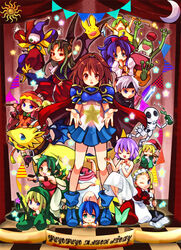  3boys 6+girls archan arle_nadja armor armored_dress bad_id bad_pixiv_id bare_legs blonde_hair blue_eyes blue_hair blue_skirt bow_(weapon) brown_eyes brown_hair capelet carbuncle_(puyopuyo) chiko_(puyopuyo) closed_eyes copyright_name doppelganger_arle draco_centauros dragon dragon_(puyopuyo) frog green_hair harpy_(puyopuyo) hat headband horns kikimora_(puyopuyo) long_hair madou_monogatari maid mop multiple_boys multiple_girls nohoho_(puyopuyo) one_eye_closed panotty pink_hair pointy_ears purple_hair puyopuyo puyopuyo~n red_eyes rulue_(puyopuyo) satan_(puyopuyo) schezo_wegey serilly_(puyopuyo) shoes short_hair skeleton_t skirt smile star_(symbol) suketoudara sword takohati tribal weapon wings witch_(puyopuyo) yellow_eyes 