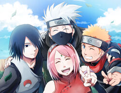  3boys ;d armlet black_gloves black_hair blonde_hair closed_eyes cloud cloudy_sky commentary_request day female fingerless_gloves forehead_protector gloves grin hair_over_one_eye hand_on_another&#039;s_shoulder hatake_kakashi leaf long_hair mask multiple_boys naruto naruto_(series) one_eye_closed open_mouth outdoors pink_hair poki_a sakura_haruno scar scar_across_eye scar_on_face sky sleeveless smile spiked_hair uchiha_sasuke uzumaki_naruto v white_hair 