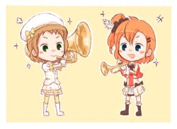  2girls animated animated beret blush chibi commentary friedbun full_body hat instrument kira_tsubasa kosaka_honoka love_live! love_live!_school_idol_project multiple_girls open_mouth private_wars simple_background smile sore_wa_bokutachi_no_kiseki standing thighhighs trumpet tuba yellow_background zettai_ryouiki 