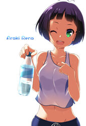  ;d araki_rena blush bottle breasts cleavage commentary_request female green_eyes hoppege looking_at_viewer medium_breasts midriff navel one_eye_closed open_mouth purple_hair short_hair simple_background smile solo sweat tank_top tokyo_7th_sisters water_bottle white_background 