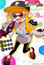  :d artist_name baseball_cap black_hat black_leggings commentary_request copyright_name dapple_dualies_(splatoon) female foreshortening gameplay_mechanics grey_shirt hat highres hood hoodie ichijo_rei ink_tank_(splatoon) inkling inkling_(language) inkling_girl inkling_player_character leggings loafers logo long_hair long_sleeves oerba_yun_fang open_mouth orange_eyes orange_hair paint_splatter pointy_ears print_shirt red_footwear shirt shoes single_vertical_stripe smile solo splatoon_(series) splatoon_2 tentacle_hair twitter_username 