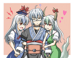  1boy 2girls ? ahoge arm_hug blue_dress blue_hair breasts bridal_gauntlets brown_eyes choker commentary_request dress dual_persona ex-keine glasses green_dress green_hair hand_grab hat heart horn_ornament horn_ribbon horns kamishirasawa_keine lightning_bolt_symbol long_sleeves medium_breasts millipen_(medium) morichika_rinnosuke multicolored_hair multiple_girls open_mouth pants pouch puffy_sleeves red_eyes ribbon sash shirt short_sleeves smile sweatdrop tail touhou traditional_media tsukimi_(ryouiki_ridatsu) two-tone_hair white_hair yellow_eyes 