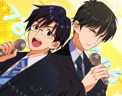  2boys bad_id bad_pixiv_id black_hair commentary_request formal glasses idolmaster idolmaster_cinderella_girls male_focus microphone multiple_boys necktie open_mouth producer_(idolmaster) producer_(idolmaster_anime) producer_(idolmaster_cinderella_girls_anime) shirahata short_hair smile star_(symbol) suit yellow_eyes 