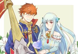  armor blue_hair cape closed_eyes commentary_request dress eliwood_(fire_emblem) eliwood_(valentine)_(fire_emblem) female fire_emblem fire_emblem:_the_blazing_blade fire_emblem_heroes hair_ornament highres long_hair ninian_(fire_emblem) open_mouth rainyazurehoodie red_eyes red_hair short_hair smile 