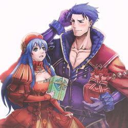  1boy asukan blue_eyes blue_hair blush cape commentary_request dress father_and_daughter female fire_emblem fire_emblem:_the_binding_blade fire_emblem:_the_blazing_blade fire_emblem_heroes gift hat hector_(fire_emblem) hector_(valentine)_(fire_emblem) lilina_(fire_emblem) lilina_(valentine)_(fire_emblem) long_hair open_mouth photoshop_(medium) short_hair simple_background smile white_background 