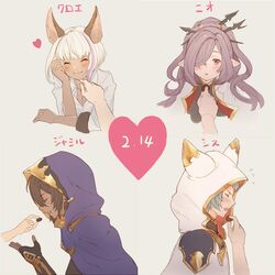  2boys 2girls bad_id bad_twitter_id black_hair blush_stickers breasts chabo213 character_name chloe_(granblue_fantasy) chocolate cleavage closed_eyes commentary dark_skin erune flying_sweatdrops granblue_fantasy hair_ornament hair_over_one_eye harvin heart hood jamil_(granblue_fantasy) multicolored_hair multiple_boys multiple_girls niyon_(granblue_fantasy) pointy_ears purple_hair red_eyes scar seox_(granblue_fantasy) small_breasts smile sweatdrop two-tone_hair white_hair 