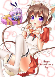  2girls :d absurdres alternate_costume animal_ears apron blue_eyes blue_legwear blush bow box brown_hair cat_ears cat_girl cat_tail chibi closed_mouth commentary_request derivative_work dress enmaided gift gift_box hair_between_eyes hair_ribbon hairbow happy_valentine heart-shaped_box highres kemonomimi_mode long_hair looking_at_viewer maid maid_apron maid_headdress momochi_tamate multiple_girls no_shoes oerba_yun_fang oooqqq open_mouth pantyhose puffy_short_sleeves puffy_sleeves purple_eyes purple_hair purple_ribbon red_dress ribbon sengoku_kamuri short_sleeves sidelocks slow_start smile tail thighhighs thighs twintails valentine white_apron white_bow white_legwear 