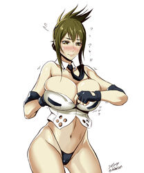  bare_shoulders black_gloves black_necktie black_panties blush breasts cleavage collarbone commentary_request cowboy_shot detached_collar dressing elbow_pads elbow_sleeve female fingerless_gloves flying_sweatdrops gloves green_eyes green_hair highleg highleg_panties kisaragi_chitose large_breasts looking_at_viewer midriff navel necktie nose_blush panties shibusun short_hair smile solo stomach super_robot_wars super_robot_wars_v twitter_username undersized_clothes underwear white_background 