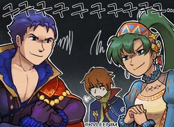  2boys armor bad_id bad_twitter_id blue_eyes blue_hair cape closed_eyes commentary_request dress eliwood_(fire_emblem) eliwood_(valentine)_(fire_emblem) female fire_emblem fire_emblem:_the_blazing_blade fire_emblem_heroes green_eyes green_hair hector_(fire_emblem) hector_(valentine)_(fire_emblem) high_ponytail ky-nim long_hair lyn_(fire_emblem) lyn_(valentine)_(fire_emblem) multiple_boys ponytail red_hair short_hair smile 