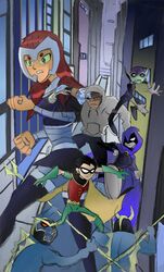  beast_boy_(dc) belt bodysuit cape city clenched_hand cloak cyborg_(dc) dark_skin dc_comics dick_grayson fist garfield_logan gloves green_eyes green_skin hood hoodie leotard mask multiple_boys polearm raven_(dc) robin_(dc) skirt starfire teen_titans thighhighs trident vambraces victor_stone 