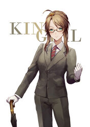  absurdres ahoge ajirui alternate_costume alternate_hairstyle brown-framed_eyewear brown_hair buttons clenched_hand closed_umbrella collared_shirt commentary cowboy_shot dress_shirt eyewear_on_head female formal girls&#039;_frontline glasses gloves green_eyes grey_jacket grey_pants hair_ornament hand_up highres holding holding_umbrella jacket kingsman:_the_secret_service lee-enfield_(girls&#039;_frontline) long_hair long_sleeves looking_at_viewer monocle necktie pants photoshop_(medium) pocket semi-rimless_eyewear shirt simple_background smile solo speech_bubble standing striped_clothes striped_jacket striped_necktie striped_pants suit swept_bangs umbrella under-rim_eyewear white_background white_gloves white_shirt 