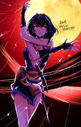  backlighting bad_id bad_pixiv_id black_dress black_hair bridal_gauntlets closed_mouth crossed_arms dress female full_moon glowing glowing_eyes inuyasha katana looking_at_viewer moon night pixiv_id red_background red_eyes sakasagami_no_yura sheath short_dress short_hair solo string sword tougetsu_sou weapon yellow_moon 