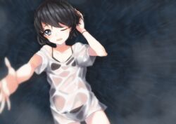  bad_id bad_pixiv_id bikini black_hair blue_eyes female koto_suomi one_eye_closed original rain shirt short_hair solo swimsuit t-shirt water wet 