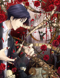  1boy ai_(ai1470) clown commentary_request dress_shirt film_strip flower formal from_side highres jacket kindaichi_shounen_no_jikenbo long_sleeves male_focus mask neck_ruff open_clothes open_jacket profile puppet purple_hair red_flower red_rose rose shirt string suit takatoo_youichi wheel white_shirt 