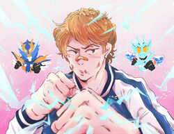  3boys bandaid bandaid_on_face bandaid_on_nose banjou_ryuuga blurry blurry_foreground bruise clenched_hand commentary_request cross-z_charge fighting_stance foreshortening injury kamen_rider kamen_rider_build_(series) kamen_rider_cross-z light_brown_hair male_focus multiple_boys multiple_persona ttt_n 