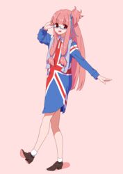  :d absurdres arm_up bare_legs bespectacled black_eyes black_footwear blue-framed_eyewear blush blush_stickers commentary dress female flag_dress flag_print full_body glasses hair_ribbon hair_tie highres kotonoha_akane leg_up long_hair long_sleeves looking_at_viewer one_side_up open_mouth pink_background pink_hair ribbon semi-rimless_eyewear shoes sidelocks simple_background smile socks solo standing standing_on_one_leg straight_hair tareme towel towel_on_head tress_ribbon under-rim_eyewear union_jack very_long_hair voiceroid white_socks yusake_san 