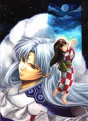  1boy barefoot brown_eyes brown_hair checkered_clothes checkered_kimono closed_mouth cloud commentary expressionless facial_mark female forehead_mark full_body full_moon fur grey_hair inuyasha japanese_clothes kimono lolicon long_hair marker_(medium) moon night night_sky painting_(medium) pointy_ears rin_(inuyasha) sesshoumaru sky standing standing_on_one_leg takenoko_(flamingo_garden) tiptoes traditional_media watercolor_(medium) 