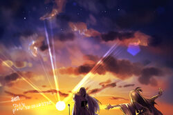  1boy backlighting bad_id bad_pixiv_id cloud evening female from_behind inuyasha one_side_up outstretched_arms pixiv_id rin_(inuyasha) running sesshoumaru sky spread_arms sun sunlight sunset tougetsu_sou twilight 